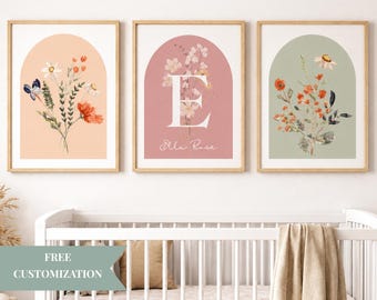 Custom Boho Art for Girls Set of 3 Digital Print for Nursery Floral Wall Decor Personalized Name Sign Boho Playroom Wall Art Baby Gift