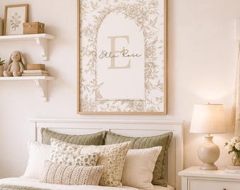 Toile name sign for girls room Vintage boho brown wall art Custom monogram wall print Neutral teen room decor Coquette monogram letters