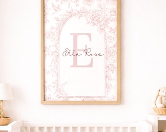 Toile nursery art Pink vintage nursery decor Floral monogram nursery art prints croquette Custom new baby girl room gift Toile wall decor