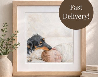 Dog Lover's Gift, Family Pet Art, Custom Watercolor Painting from Photo, New Baby Gift, Nursery Wall Decor Animal