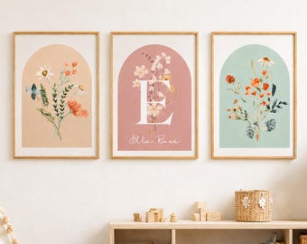 Custom Boho Wall Art for Girls, Set of 3 Floral Prints for Playroom, Boho Wall Decor, Personalized Name Sign, Pink Boho Nursery Decor