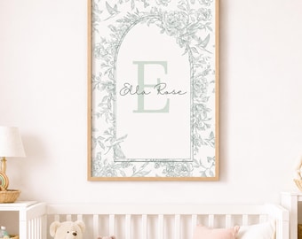 Girl nursery name sign Toile nursery wall art for girls room Custom name wall print Sage green nursery room decor Coquette monogram letters