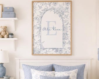 Toile name sign for girls room Vintage dusty blue wall art Custom monogram wall print Dusty Blue teen room decor Coquette monogram letters