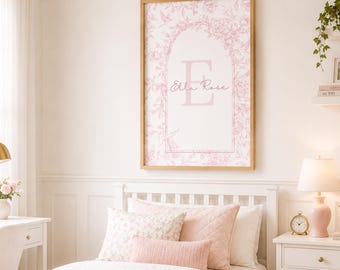 Toile name sign for girls room Vintage dusty pink wall art Custom monogram wall print Rose pink teen room decor Coquette monogram letters