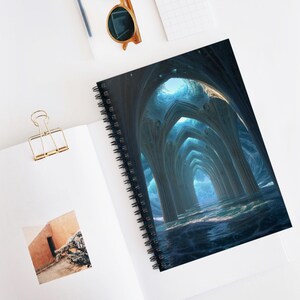 May include: A spiral-bound notebook with a cover featuring a digital art image of a blue and white underwater cathedral. The notebook is open on a white surface with a gold paper clip and sunglasses.