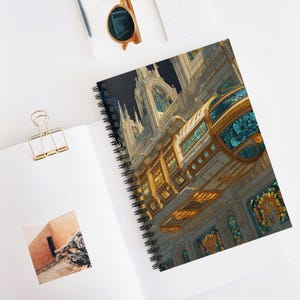 May include: Spiral-bound notebook featuring a detailed architectural illustration with gold accents and stained-glass windows. The artwork depicts a grand building with intricate details, set against a dark sky. The notebook is open on a white surface.