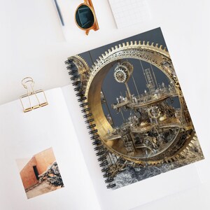 May include: Spiral-bound notebook with a steampunk design. The cover displays a detailed arrangement of gears and mechanical elements in gold and bronze hues, set against a dark grey background. The notebook is open on a white surface, with a gold paper clip.
