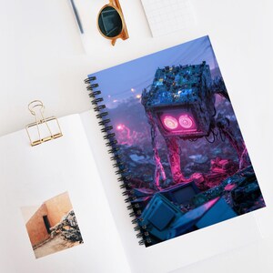 Op de afbeelding: Spiraalgebonden notitieboek met een futuristische robotillustratie. De robot heeft een vierkante kop met gloeiende roze ogen, tegen een achtergrond van een vuilstort. Het notitieboek ligt open op een wit oppervlak met een gouden paperclip en zonnebril.