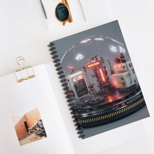 以下が含まれることがあります： スパイラル綴じノート。ガラスドームの中に収められた機械の詳細な未来的なイラストが描かれています。機械は赤と白のアクセントがあり、「INGUNDATURM」の文字が見えます。ノートは白い表面に開かれています。