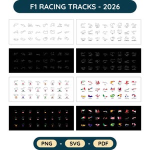 Può includere: Grafica con tracciati di circuiti di Formula 1 per il 2026. L'immagine è divisa in sezioni, che mostrano layout di tracciati in vari stili, tra cui contorni in bianco e nero e tracciati con bandiere colorate. Il testo "PNG - SVG - PDF" è incluso.