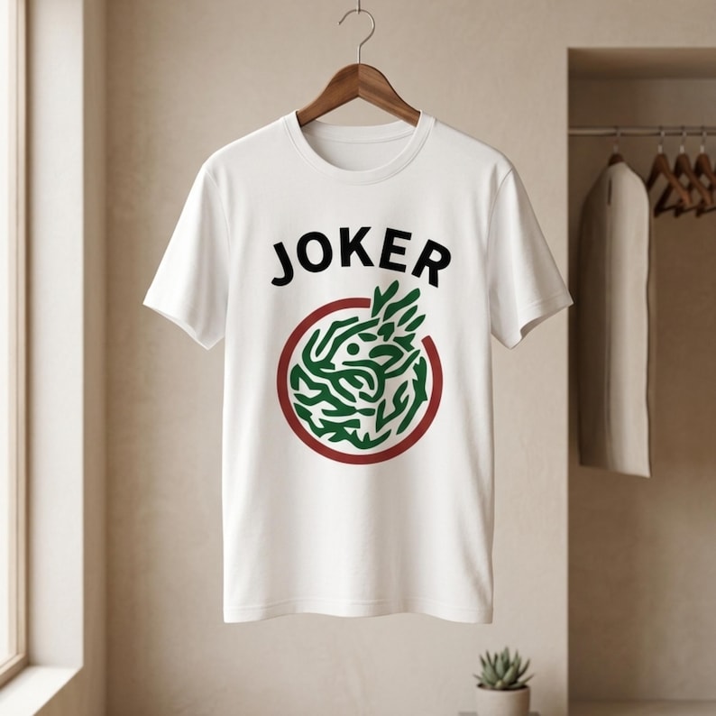 Puede incluir: Camiseta blanca con la palabra "JOKER" en letras negras en bloque sobre un dise&ntilde;o circular. El dise&ntilde;o presenta un anillo rojo con una ilustraci&oacute;n verde y abstracta en el interior. La camiseta est&aacute; colgada en una percha de madera.
