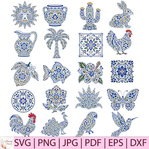 May include: A collection of twenty digital illustrations featuring a sun, vase, cactus, rabbit, pitcher, palm tree, square tile, chicken, lemon, fish, hibiscus, floral pattern, circle, flower, agave, butterfly, rooster, peacock, parrot, and hummingbird.