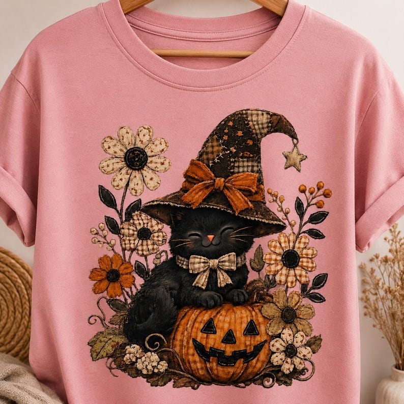 Puede incluir: Una camiseta rosa claro con un estampado gr&aacute;fico de un gato negro con un sombrero de bruja de retazos y una pajarita, sentado sobre una calabaza. El gato est&aacute; rodeado de varias flores estilizadas en tonos naranja, marr&oacute;n y crema.