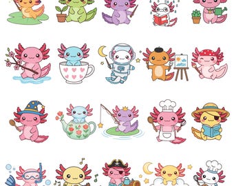 Paquete SVG de ajolote, 20 diseños kawaii de ajolote, clipart de ajolote lindo, camiseta SVG de ajolote, ajolote bebé PNG, descarga digital