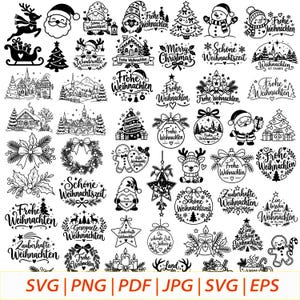 May include: A collection of black and white Christmas-themed digital illustrations featuring reindeer, Santa Claus, snowmen, gnomes, Christmas trees, wreaths, gingerbread cookies, and festive German text phrases like Frohe Weihnachten.