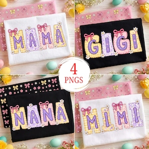 Könnte beinhalten: Vier PNG-Bilder von T-Shirts mit den Namen: "MAMA", "GIGI", "NANA" und "MIMI". Jeder Name ist in einer anderen Farbe und Stil, mit einer Schleife auf jedem Buchstaben. Die Shirts haben einen weißen oder schwarzen Hintergrund.