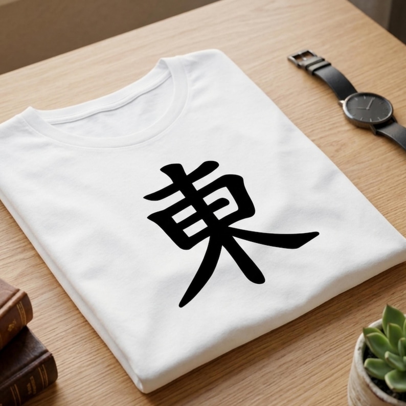 Puede incluir: Camiseta blanca con un dise&ntilde;o de car&aacute;cter Kanji japon&eacute;s negro. La camiseta est&aacute; doblada sobre una superficie de madera, con un reloj y una peque&ntilde;a planta visibles en el fondo.