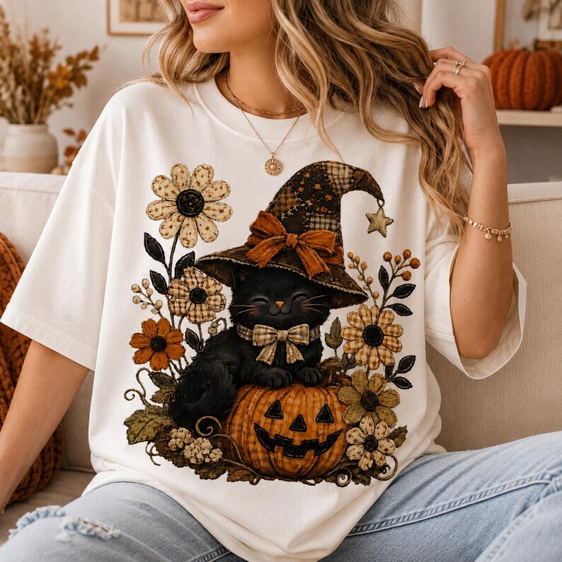 Puede incluir: Una camiseta blanca de manga corta con un estampado gr&aacute;fico de un gato negro con un sombrero de bruja a cuadros y una pajarita a juego. El gato est&aacute; sentado sobre una calabaza de Halloween rodeado de flores de tela en tonos beige, marr&oacute;n y naranja.