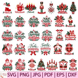 May include: A collection of thirty Christmas-themed digital graphic designs in red and green. The illustrations feature icons like Santa Claus, nutcrackers, Christmas trees, stars, and wreaths, accompanied by German holiday text phrases.