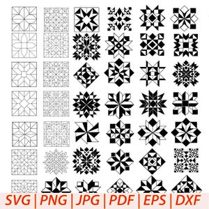 Peut inclure: Une collection de motifs de blocs de courtepointe géométriques en noir et blanc disposés en grille. Les designs incluent diverses étoiles, carrés et triangles en contours ou pleins. Le texte SVG | PNG | JPG | PDF | EPS | DXF est en bas.