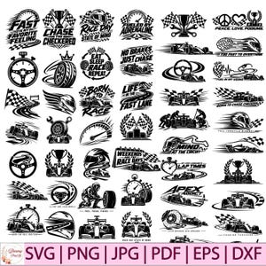May include: A collection of black and white digital graphic designs featuring racing themes, including race cars, helmets, checkered flags, trophies, speedometers, and text phrases like Fast Is My Favorite Feeling and Race Day State Of Mind.