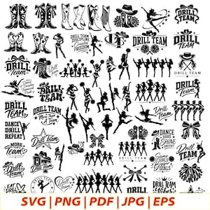 May include: A collection of black and white vector graphics featuring drill team themes, including silhouettes of dancers in cowboy hats and boots, pom-poms, bows, and text such as Drill Team, Dance Hard Shine Bright, and Drill Team Discipline Creates Freedom.