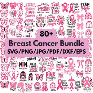 Puede incluir: Una colección digital de gráficos de concienciación sobre el cáncer de mama con cintas rosas, mariposas, lazos y corazones. El texto incluye 80+ Breast Cancer Bundle, SVG/PNG/JPG/PDF/DXF/EPS, Fight Believe Hope Survive y Pink Matters.