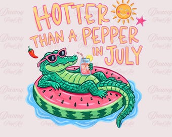 Más caliente que un pimiento en julio, caimán PNG, diseño de sublimación de caimán de moda, camiseta de verano Hoochie Coochie Hot, caimán viral PNG, uso comercial