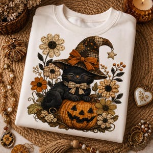 May include: A white crewneck sweatshirt featuring a graphic of a black cat wearing a plaid witch hat and a matching bow tie. The cat sits atop a carved orange pumpkin, surrounded by various autumn-toned flowers in shades of brown and gold.