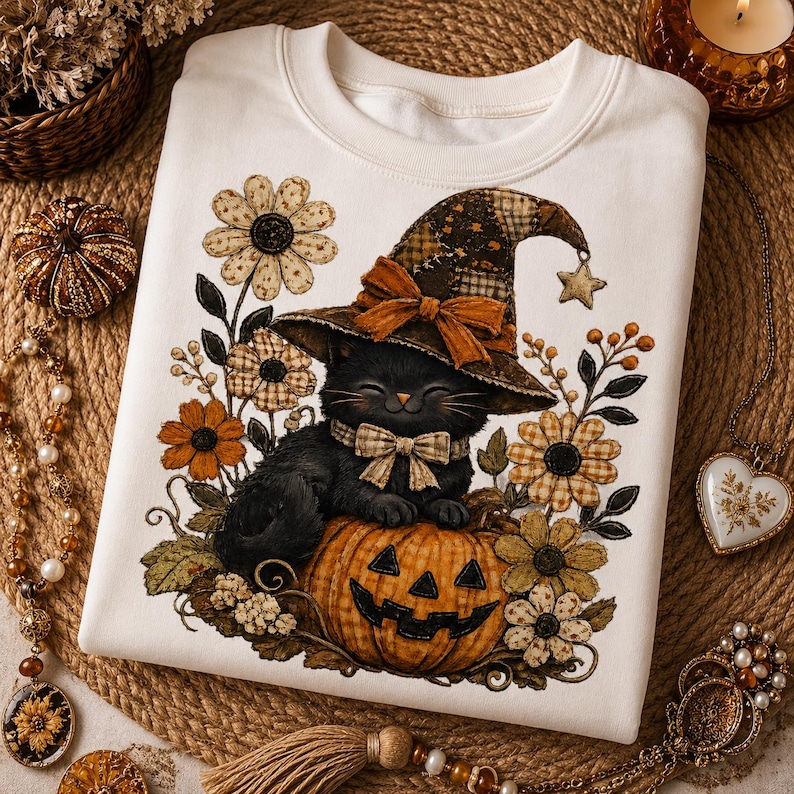 Puede incluir: Una sudadera blanca de cuello redondo con un gr&aacute;fico de un gato negro que lleva un sombrero de bruja a cuadros y una pajarita a juego. El gato est&aacute; sentado sobre una calabaza naranja tallada, rodeado de flores en tonos oto&ntilde;ales.
