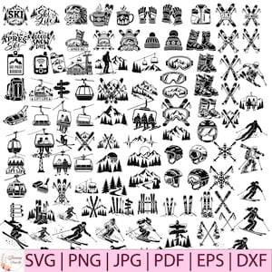 Puede incluir: Una colección de ilustraciones vectoriales en blanco y negro con temas de esquí y snowboard, que incluye esquiadores, snowboarders, remontes, telecabinas, montañas, pinos, botas de esquí, gafas, cascos, bastones y textos como Ski Life y Apres Ski.