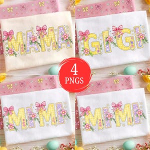 Könnte beinhalten: Vier digitale PNG-Designs mit den Wörtern "MAMA", "GIGI" und "MIMI". Jedes Design hat ein Vichy-Muster, florale Akzente und eine rosa Schleife. Die Designs sind auf weißen Hintergründen mit rosa und floralen Akzenten. Der Text "4 PNGs" ist enthalten.