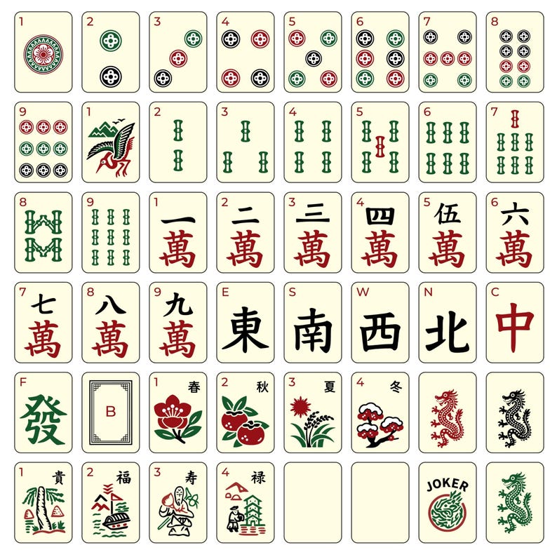 Puede incluir: Un juego completo de fichas de Mahjong, con varios palos, n&uacute;meros y caracteres. Las fichas son de color crema con s&iacute;mbolos rojos, verdes y negros. Incluye fichas de flores, estaciones y dragones. El juego tambi&eacute;n incluye una ficha de Joker.