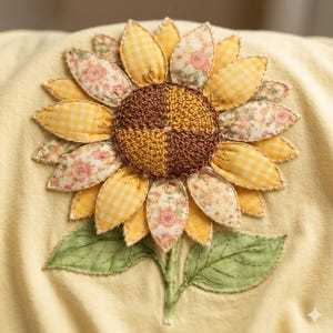 Op de afbeelding: Stoffen zonnebloem applicatie met een bruin midden en gele en bloemmotief bloemblaadjes. De zonnebloem is bevestigd op een gele stoffen achtergrond met groene bladeren en stengel. Ideaal voor een knutselproject.