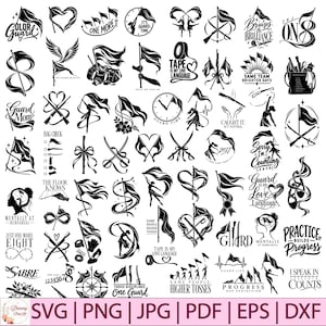 May include: A collection of black and white digital graphic designs featuring color guard themes, including silhouettes of performers with flags, rifles, and sabers, alongside text phrases like 'Guard Mom', 'Tape Is My Love Language', and 'Practice Builds Progress'.