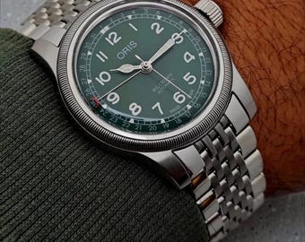 Reloj Oris Big Crown vintage automático para hombre, esfera verde, acero inoxidable, puntero y fecha.