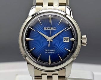 Reloj Seiko Presage vintage automático con esfera azul con efecto sol, acero inoxidable y fecha para hombre