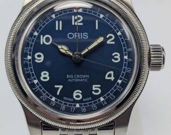 Reloj vintage Oris Big Crown automático con esfera azul, acero inoxidable, puntero y fecha para hombre