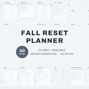 Könnte beinhalten: Ein digitaler Fall Reset Planer mit 40 ausfüllbaren und druckbaren Vorlagen im US Letter Format. Das Layout enthält Abschnitte zur Verfolgung von Zielen, zur Reflexion vergangener Fortschritte und zur Organisation saisonaler Aufgaben.