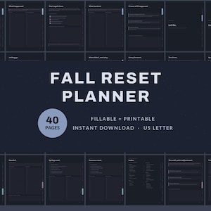 Könnte beinhalten: Ein dunkelblauer digitaler Planer mit dem Titel FALL RESET PLANNER mit 40 Seiten. Das Layout enthält ausfüllbare und druckbare Abschnitte mit Überschriften wie Where things actually are, What happened, Start again here, Let Go, Look Back und Fall reset.