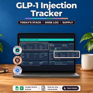 May include: A digital GLP-1 Injection Tracker displayed on a laptop screen. The interface features tabs for Today's Stack, Dose Log, and Supply. Circular badges highlight features like Beginner Friendly, All-in-One 9 Tabs, and Site Rotation Built In.
