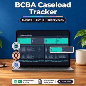 Może przedstawiać: Cyfrowy tracker spraw BCBA wyświetlany na ekranie laptopa, zawierający sekcje dla klientów, autoryzacji i nadzoru. Interfejs obejmuje tryb ciemny, tabele danych oraz pola podsumowujące z trzema okrągłymi odznakami.