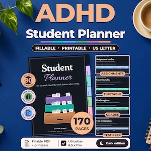 ADHD Assignment Tracker Dark Mode, Digital Student Planner and Academic Planner, 171-Page Fillable GoodNotes PDF, Study Plan, Cornell Notes