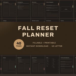 May include: A dark brown digital planner titled Fall Reset Planner with 40 pages. The layout features fillable and printable sections for goal setting, reflection, and seasonal planning, formatted for US Letter size with clean, minimalist typography.