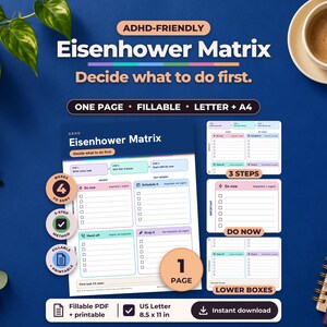 ADHD Eisenhower Matrix Template 1-Page Printable PDF Fillable Urgent Important Priority Matrix Prioritize Tasks Letter A4