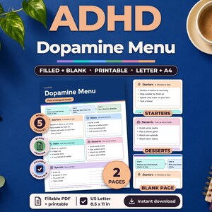 Könnte beinhalten: Ein druckbares ADHD Dopamine Menu Dokument mit Abschnitten für Vorspeisen, Hauptgerichte, Beilagen, Desserts und Specials. Das Layout enthält ausfüllbare Felder, Kontrollkästchen und Textaufforderungen auf einem weißen Hintergrund.