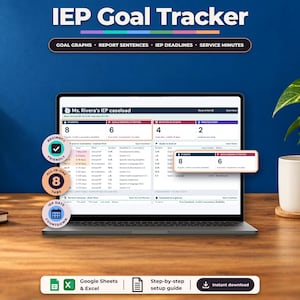 May include: An IEP Goal Tracker digital spreadsheet displayed on a laptop screen. The interface features columns for students, goals, deadlines, and service minutes. Three circular badges highlight features: Beginner Friendly, All-in-One 8 Tabs, and IEP Date Countdown.