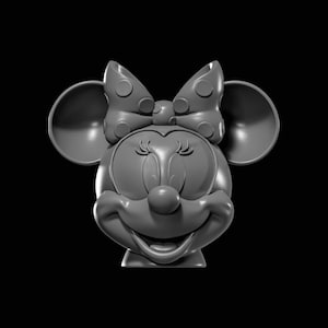 May include: A grayscale 3D rendering of Minnie Mouse's face, featuring her iconic polka-dot bow, large round ears, and smiling expression. The sculpture is set against a black background, highlighting the details of the character.
