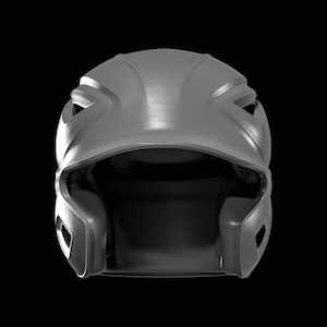 Pode incluir: Um capacete de rebatida de basebol cinzento mate com uma concha exterior lisa e arredondada, apresentando proteções auriculares integradas em ambos os lados e aberturas de ventilação ao longo da coroa superior, visto de frente.