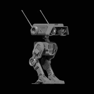 May include: A grey robotic figure featuring a rectangular head with two thin antennae, a single circular lens, and a cylindrical protrusion. The body is supported by two articulated mechanical legs with visible joints and flat, wide feet.